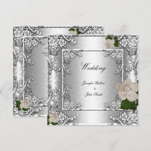 Invitation Mariage Élégant Rose Argent Blanc 2 (Devant / Derrière)