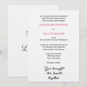 Invitation Mariage Élégant Rose Blanc Deux Cœurs
