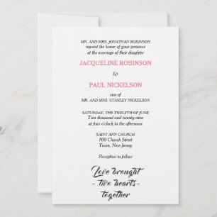 Invitation Mariage Élégant Rose Blanc Deux Cœurs