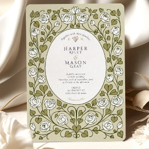 Invitation Mariage Élégant Rose Blanche et Cœur Vert