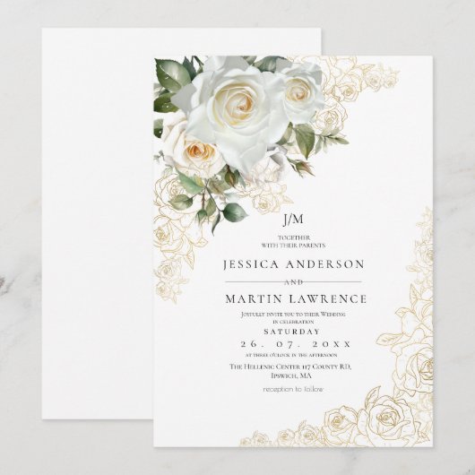 Invitation Mariage Élégant Rose Blanche Or (Devant / Derrière)