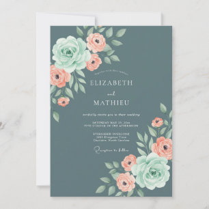 Invitation Mariage Élégant Rose Bleu Ardoise