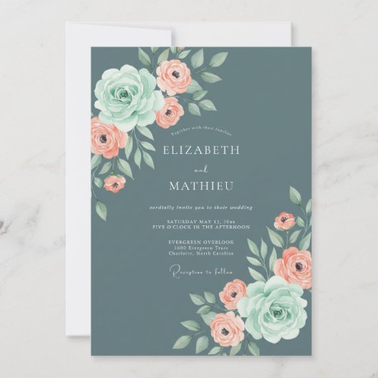 Invitation Mariage Élégant Rose Bleu Ardoise (Devant)