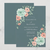 Invitation Mariage Élégant Rose Bleu Ardoise (Devant / Derrière)