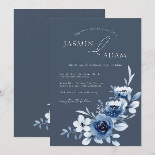 Invitation Mariage Élégant Rose Bleu Ardoise (Devant / Derrière)