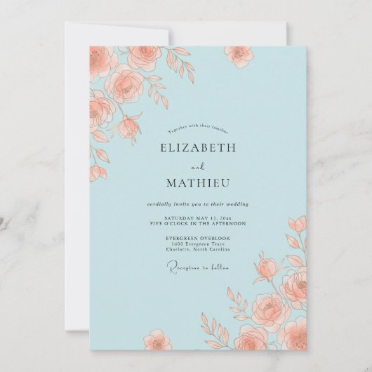 Invitation Mariage Élégant Rose Bleu Clair (Devant)