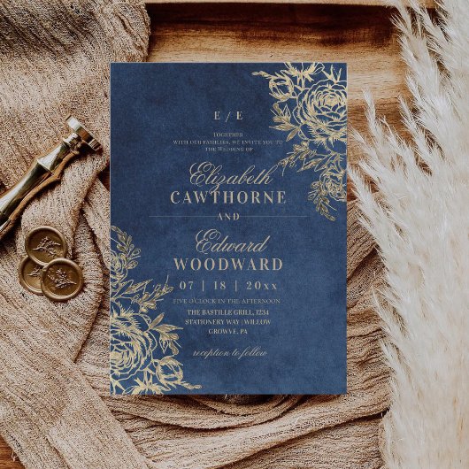 Invitation Mariage Élégant Rose ⎮Bleu Moderne & Or