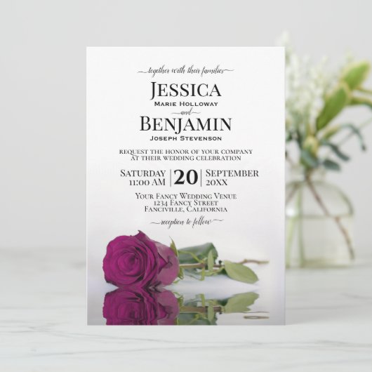 Invitation Mariage Élégant Rose Cassis Violet À Longues Pierr (Debout devant)