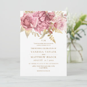 Invitation Mariage Élégant Rose Doré Floral Poussiéreux Rouge