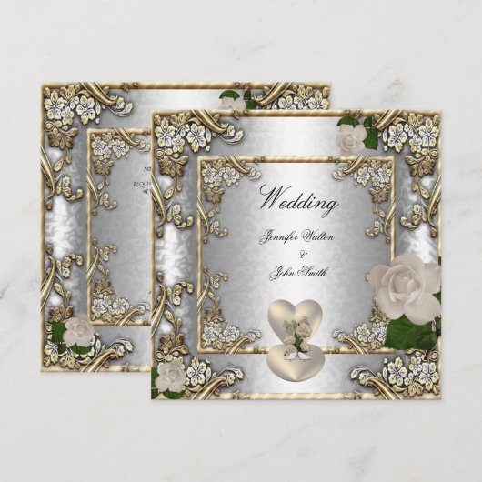 Invitation Mariage Élégant Rose Dorée Argent Blanc (Devant / Derrière)