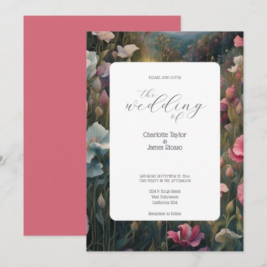 Invitation Mariage élégant, rose et blanc, pois doux et pois  (Devant / Derrière)