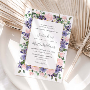 Invitation Mariage Élégant Rose & Fleurs de Lavande en Or 