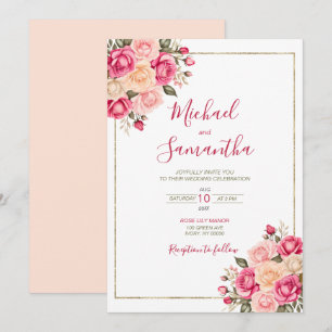 Invitation Mariage Élégant Rose Fuchsia et Ivoire