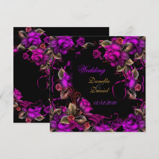 Invitation Mariage Élégant Rose Fuchsia Noir (Devant / Derrière)