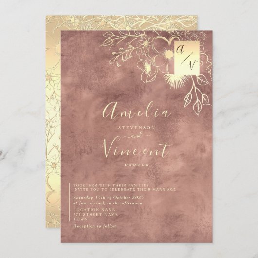 Invitation Mariage Élégant Rose Gold (Devant / Derrière)