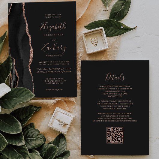 Invitation Mariage élégant Rose Gold Agate Noir Code QR