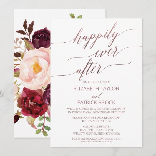 Invitation Mariage Élégant Rose Gold Floral Back Elopement (Devant / Derrière)