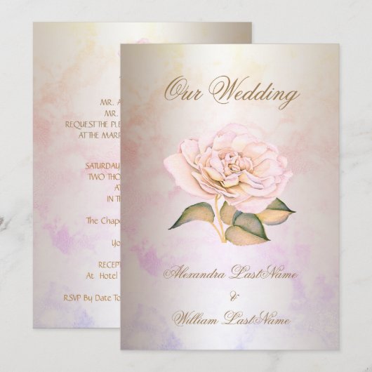 Invitation Mariage Élégant Rose Marbre Crème (Devant / Derrière)