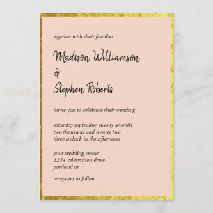 Invitation Mariage Élégant Rose Pêche et Or Faux