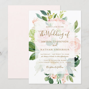 Invitation Mariage élégant rose pêche or fleur