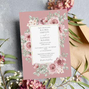 Invitation Mariage Élégant Rose Poussiéreuse Floral Or