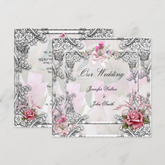 Invitation Mariage Élégant Rose Rose Argent Blanc
