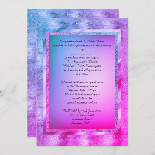 Invitation Mariage élégant, rose vif, violet à motifs multipl (Devant / Derrière)