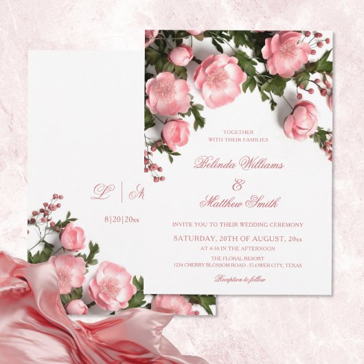 Invitation Mariage Élégant Roses 3D et Feuillage Rose