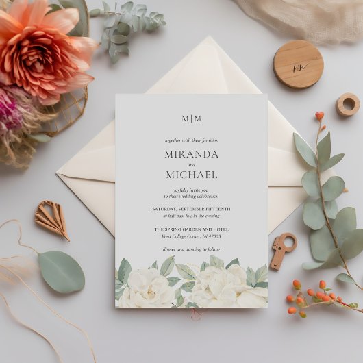Invitation Mariage élégant Roses blanches romantiques monogra