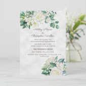 Invitation Mariage Élégant Roses Blanches Verdure (Debout devant)