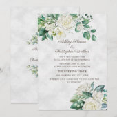 Invitation Mariage Élégant Roses Blanches Verdure (Devant / Derrière)