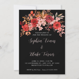 Invitation Mariage Élégant Roses Rouges Floral Noir