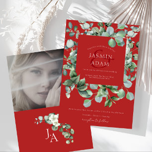 Invitation Mariage élégant rouge hiver eucalyptus vert photo