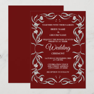Invitation Mariage Élégant Rouge Motif Floral Argent Vintage