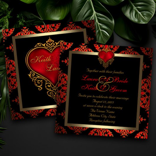 Invitation Mariage élégant rouge, noir et or