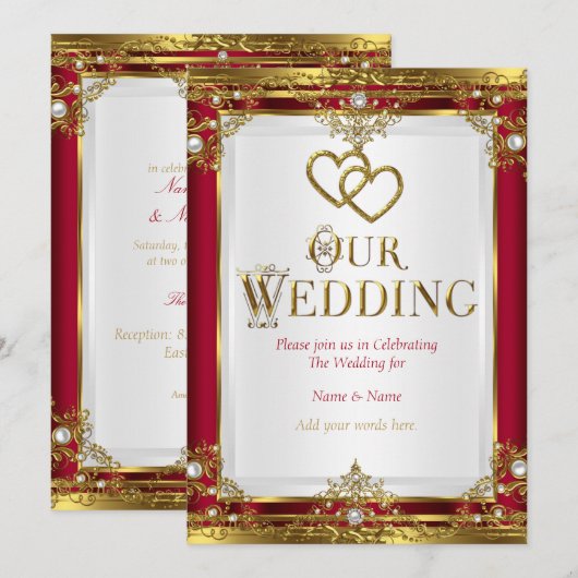 Invitation Mariage Élégant Rouge Or Blanc Doré (Devant / Derrière)