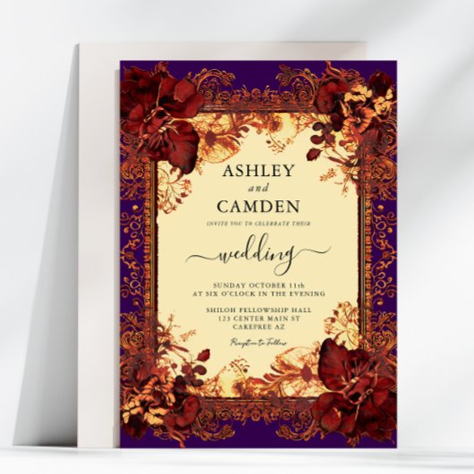 Invitation Mariage Élégant Rouge Violet Orange