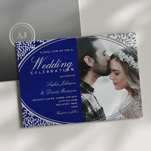 Invitation Mariage élégant royal bleu avec photo