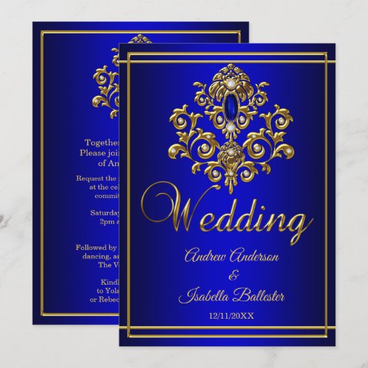Invitation Mariage Elegant Royal Blue Gold Jewel 2 (Devant / Derrière)