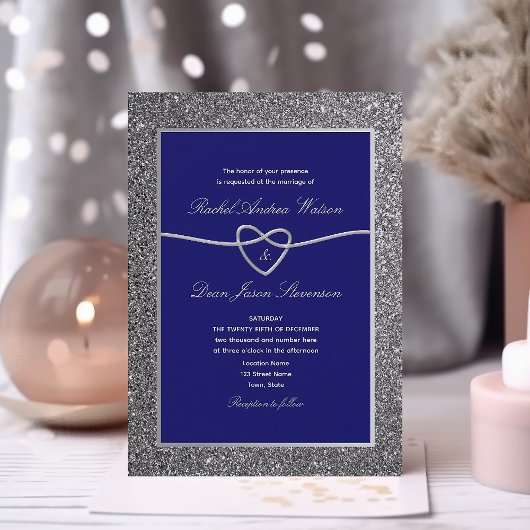 Invitation Mariage élégant Royal Blue Silver