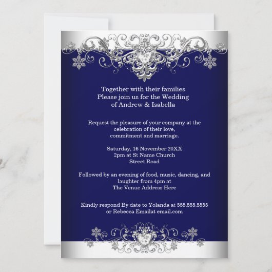 Invitation Mariage Elégant Royal Blue Silver Diamond Hearts (Dos)