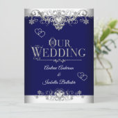 Invitation Mariage Elégant Royal Blue Silver Diamond Hearts (Debout devant)