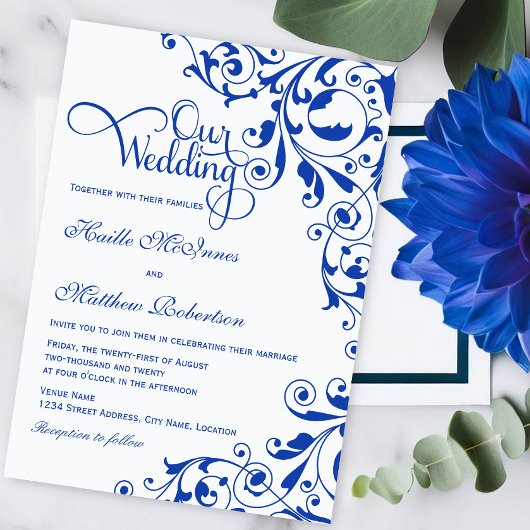 Invitation Mariage élégant Royal Blue Swirls