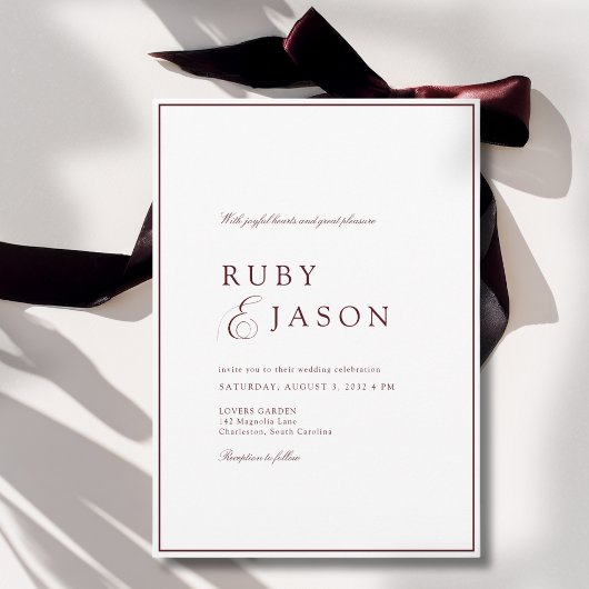 Invitation Mariage Élégant Royal Bourgogne et Écriture Blanch