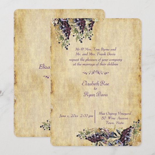 Invitation Mariage Élégant, Rustique Campagnard, de Vignoble (Devant / Derrière)