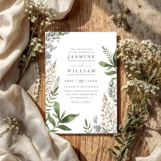 Invitation Mariage Élégant Rustique Code QR Fleurs Sauvages d