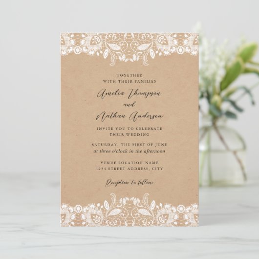 Invitation Mariage Élégant Rustique en Dentelle (Debout devant)