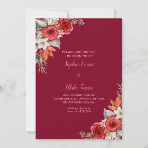 Invitation Mariage Élégant Rustique Roses Rouges Automne Bour