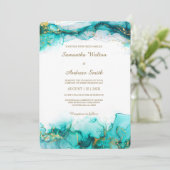 Invitation Mariage Élégant Sarcelle et Or (Debout devant)