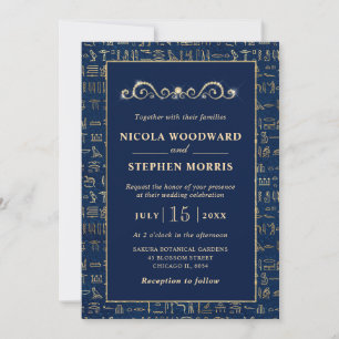 Invitation Mariage élégant sarcelle et or avec hiéroglyphes é